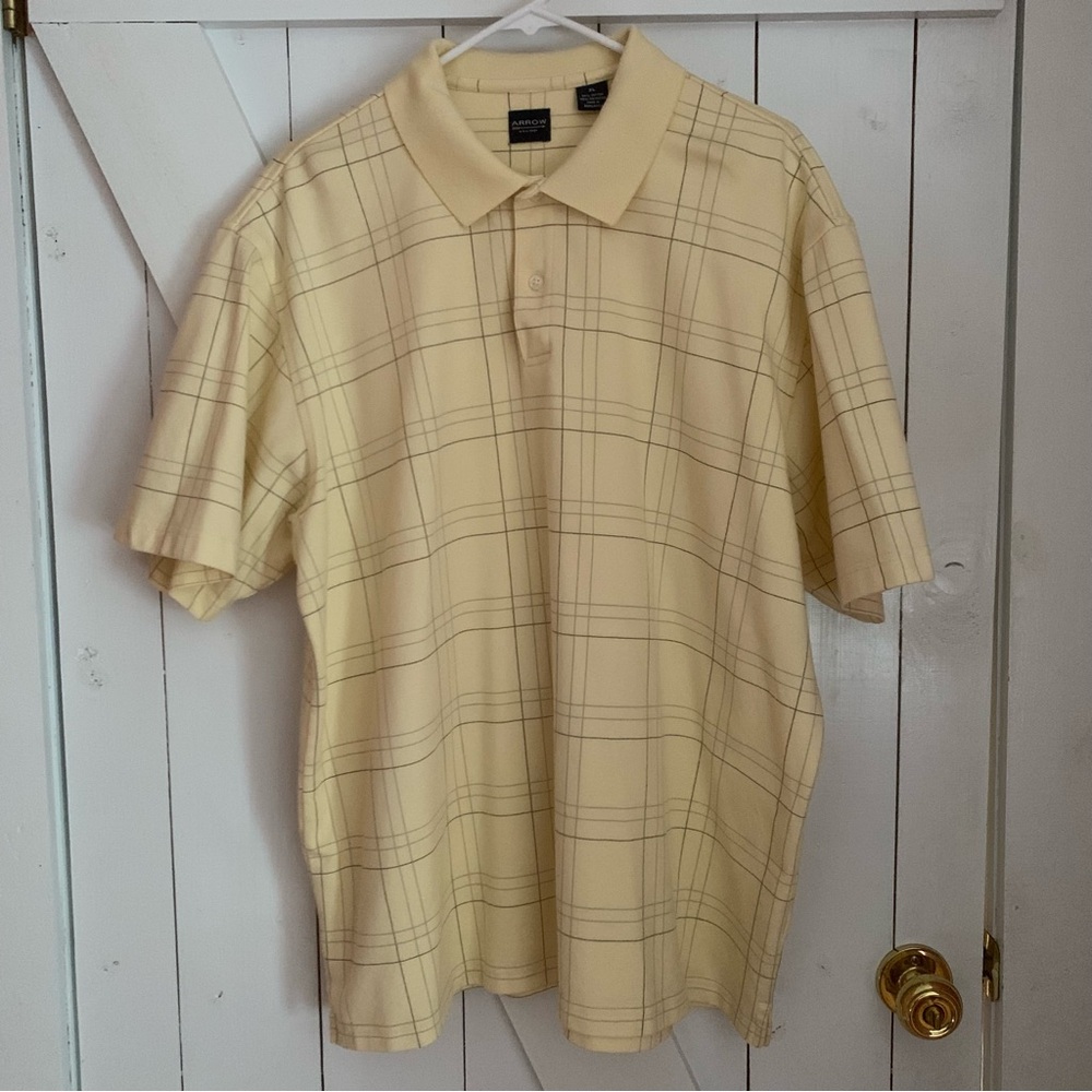 Men's Polo XL Yellow Plaid Business Casual Office Career Work Church